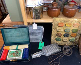 Vtg. tin  peanut butter bucket, Stickley wood candle holders, Vtg. Kitchen wisk, lead sinker mold,GE plaque and more