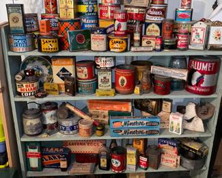 assorted spice, coffee and kitchen ware tins and more
