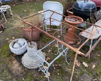 Metal tables ( missing glass top), bird bath
