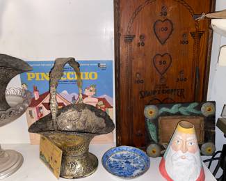 Silver plate baskets, Vtg. Santa, Vtg. wooden game board, tramp art frame and more