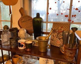 Vintage green bottle, ceramic , glass and metal decor 