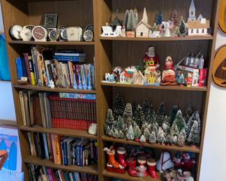 Books , clocks , Christmas trees and Putz houses