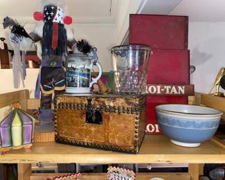 Kachina figure, Vtg. Box, beer stein, cigar display, pottery and glass