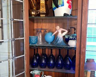 Penguin cookie jar, majolica basket, cobalt glassware , mocha ware pitcher and more