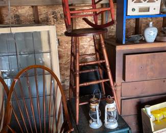 Child’s rocker frame, stool, child’s green table