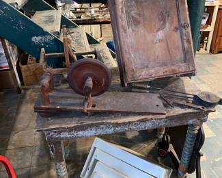 Rustic farm table , yarn winder, medicine cupboard 