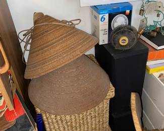 Hanging lamps and jute style storage bins
