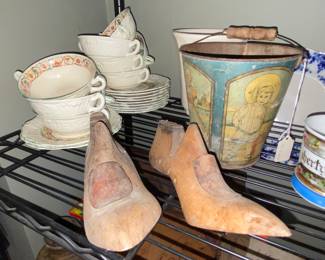 Wood shoe lasts, china , Victorian child’s tin bucket 