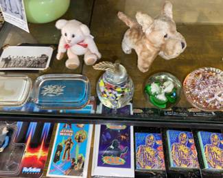 Vtg. Toys, glass paperweights , movie memorabilia 