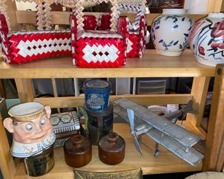 Folk art/tramp art/prison art folded paper chairs,Porcelli pottery, folk art plane , Vtg. Tins, Stickley candlesticks, and more