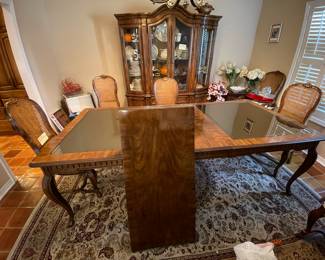 $1250 Dining Room Table 92x45 French Provencal Drexel with mirror top section 8 chairs caned back 20x42, 2 leaves 20" each.