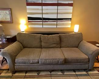 $250 Alan white sofa brown chenille 104"Wx38"Dx38H
