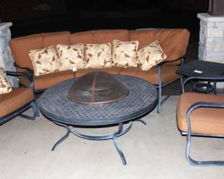 Agio 48" Patio Table/Fire pit and Three Seat Bench w/Cushions and Two Side Arm Chairs.                                        BUY IT NOW!  $875.00.