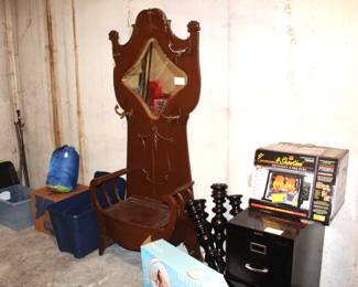 Antique hall tree and misc items.  Some are new in box.