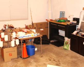 Craftsman two drawer workbench, Chandelier, new double hung window, storage cabinet, misc.