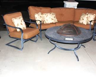 Agio 48" Patio Table/Fire pit and Three Seat Bench w/Cushions and Two Side Arm Chairs.                                      BUY IT NOW!  $875.00.