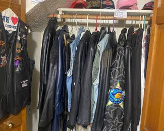 Mens and women’s leather vests, chaos, boots, hats, jackets