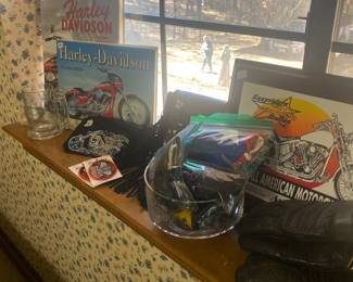 An entire room dedicated to Riding. Harley Davidson, lots of leather, Boots, rally shirts, flannel, hats, bandanas, belts, jewelry, saddlebags, purses, sunglasses, decor, books, memorabilia 