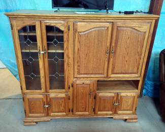 Wood And Leaded Glass Entertainment Center, 59" x 63.5" x 22"