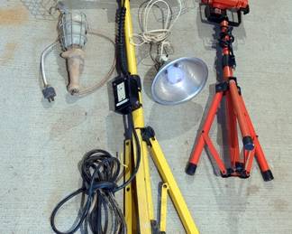 Portable Electric Shop Lights Including Standing, Clamp, And Hanging LIghts, Total Qty 4
