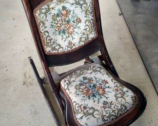 Vintage Wood Folding Rocking Chair With Upholstered Seat And Back, 28" x 17" x 32"