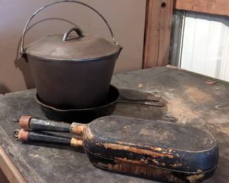 Camp Cookware Including Aluminum Super Maid Cookware Omelette Duplex Pan, 4 Qt. Stock Pot With Lid, And 9" Cast Iron Skillet
