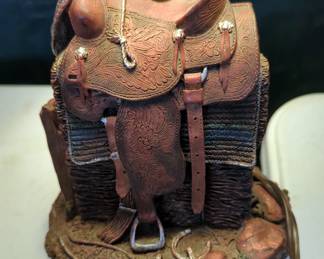 Vintage Amber Glass Corked Handled Jug, 12.5" Tall, 16" Saddle Lamp With Stitched Shade, Vintage Brass Desk Piano Lamp, And More, Total Qty 7
