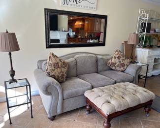 Ethan Allen camel back sofa, tufted ottoman, Pottery Barn side tables