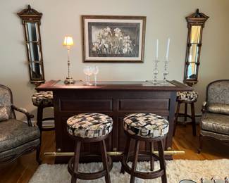 Glass topped bar with brass rail, locking liquor storage