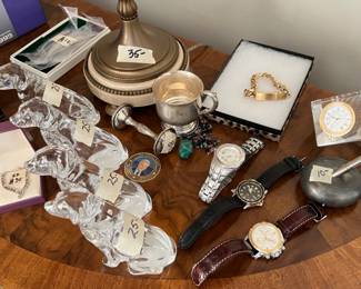 Waterford dogs and clock, watches