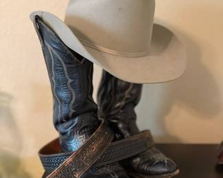 Men's Abilene cowboy boots (size 8 1/2), Resistol Western hat (size 7 1/4), western belt minus buckle.