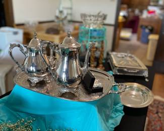 Silver plate coffee and tea set with silver tray.