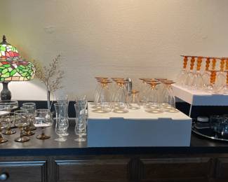 Vintage Libby Knob Hill Amber wine, water, champagne and cordial glass sets. Also, vintage Libby Amber water and wine glasses.