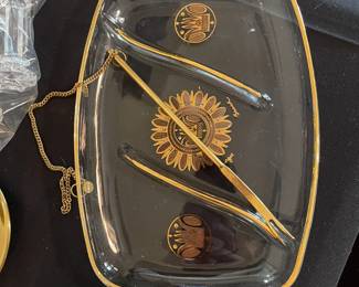 1960's vintage George Briard hor d'oeuvres tray with attached slender pickle fork.