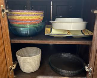 Large Pyrex baking dishes, colorful divided serving plate