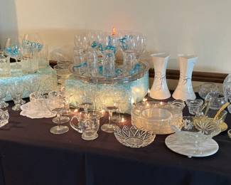 Lovely table of lead crystal and cut glass serving ware and glasses.