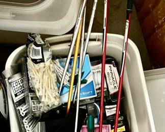 Men's golf clubs, head covers, new tees, new golf balls, spikes & tools, and other golf related items.