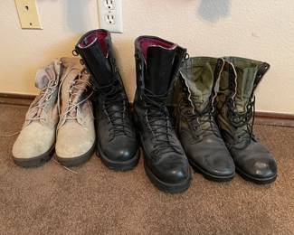 Dessert camo boots, leather 'cop' boots, and green waterproof hunting/ shooting boots. All boots size 8 1/2.