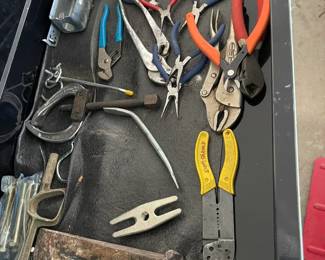 Pliers, wire strippers, channel locks, and needle nose pliers