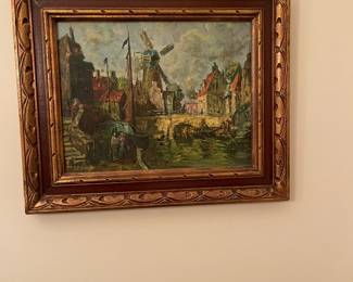 Italian coast oil painting in ornate gold frame