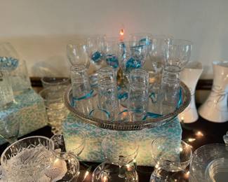 Close up of Fostoria Atomic Starburst wine and aperitif glasses.