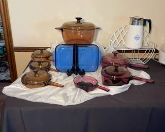 Corning Ware Amber and Cranberry stove top and oven pans.