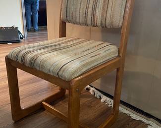 Side chair in light oak and beige/ blue/ tan fabric seat and back