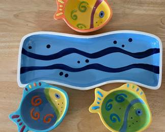 Boston Warehouse little fishes and waves platter and bowls. Great for chip and dips or hors d'oeuvres.