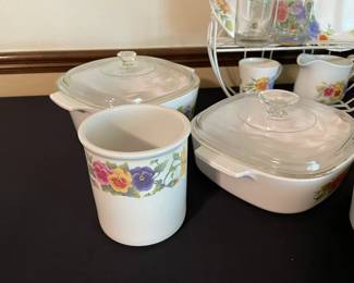 Corning Ware Summer Blush dining plates, salad plates, drinking glasses, juice glasses, coffee cups, large creamer and many casserole dishes with lids and trivets (some) A1B11, A5B, A3B, A12B, A21B (rare very large casserole dish).