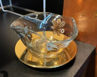 1960's vintage George Briard condiment bowl with golden spoon and tongs.