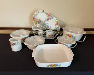 Corning Ware Summer Blush dining plates, salad plates, drinking glasses, juice glasses, coffee cups, large creamer and many casserole dishes with lids and trivets (some) A1B11, A5B, A3B, A12B, A21B (rare very large casserole dish).