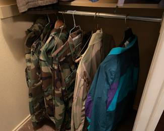 Men's camo/ hunting/ shooting shirts, pants, and jackets (detachable hood), dessert camo shirt and pants, and men's track suit.