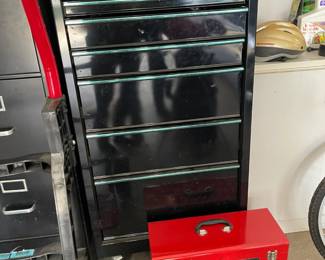Husky six drawer standing tool chest full of tools. Also small, new Husky two drawer portable tool chest.