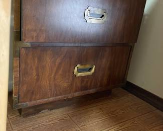 Campaigner two drawer burled walnut side table with brass pulls.